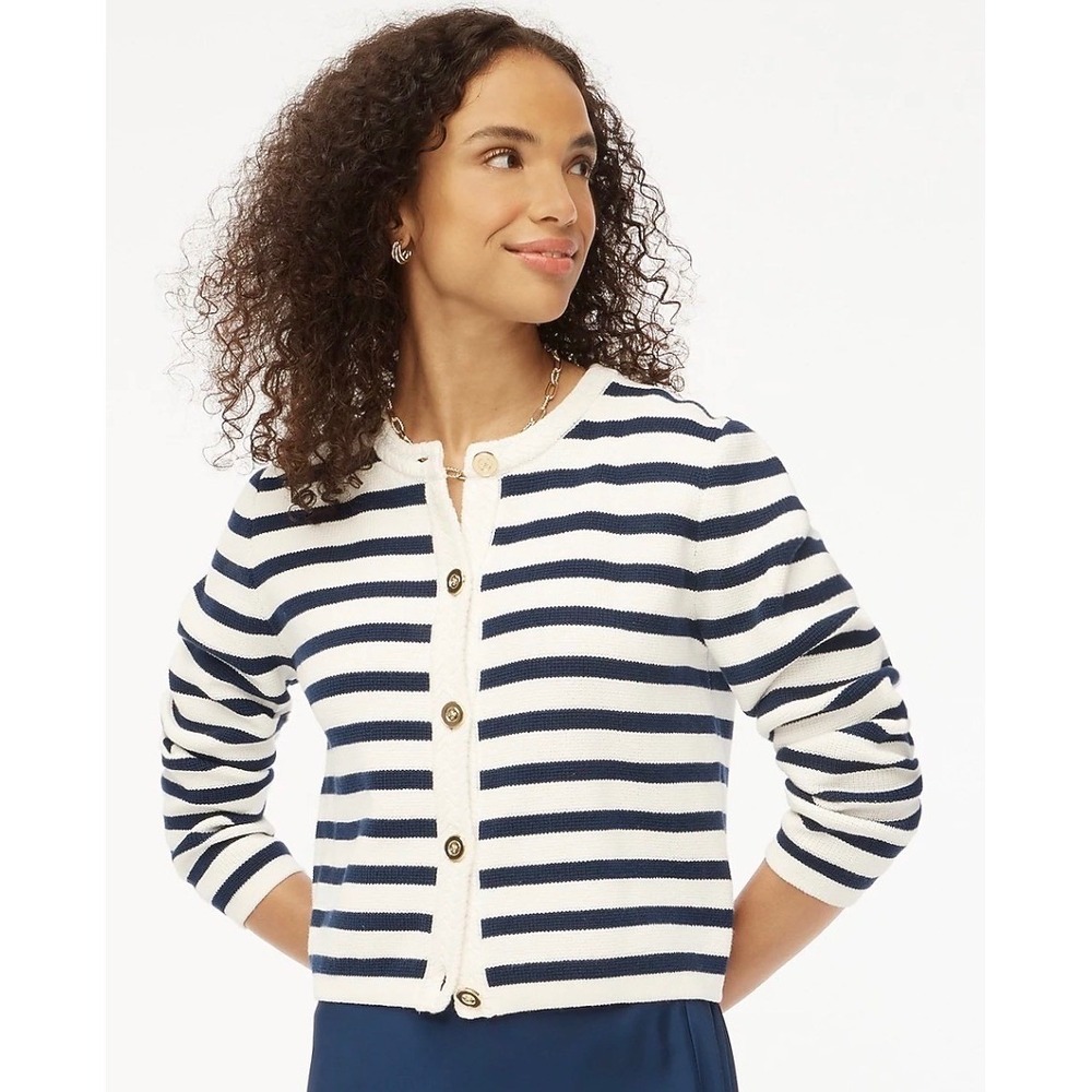 J.Crew Women M Navy White Striped Cotton Lady Jacket Csrdigan Nautical Peppy